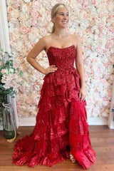 Ruffle Layered Strapless Prom Dress with A-Line Sequins