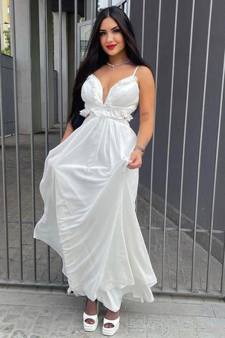 White V-Neck Cutout Ruffles A-Line Long Bridesmaid Dress