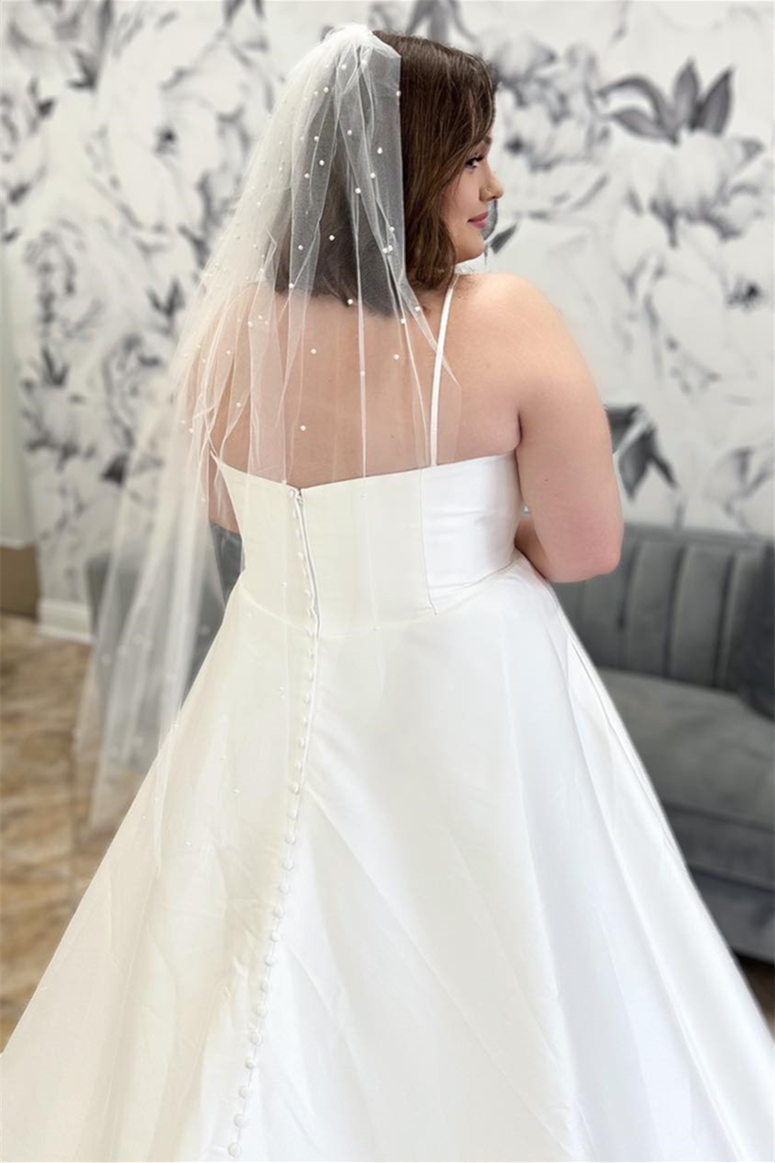 White A-line Satin Straps Long Wedding Dress with Slit