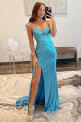 Royal Blue Spaghetti Straps Sequins Cut-Out Long Prom Dress with Slit