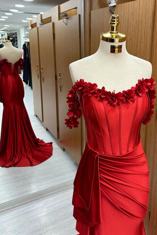 Red Off-the-Shoulder 3D Floral Lace Mermaid Long Formal Dress