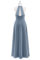 Grey Halter Straps Pleated Cascading Ruffle Chiffon Long Bridesmaid Dress