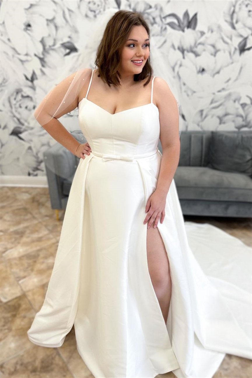 White A-line Satin Straps Long Wedding Dress with Slit