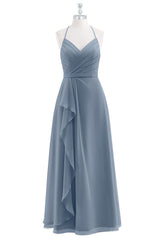 Grey Halter Straps Pleated Cascading Ruffle Chiffon Long Bridesmaid Dress