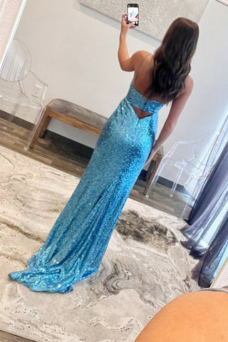 Royal Blue Spaghetti Straps Sequins Cut-Out Long Prom Dress with Slit