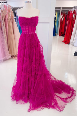 Magenta Tulle Strapless Ruffle Long Prom Dress with Puff Sleeves
