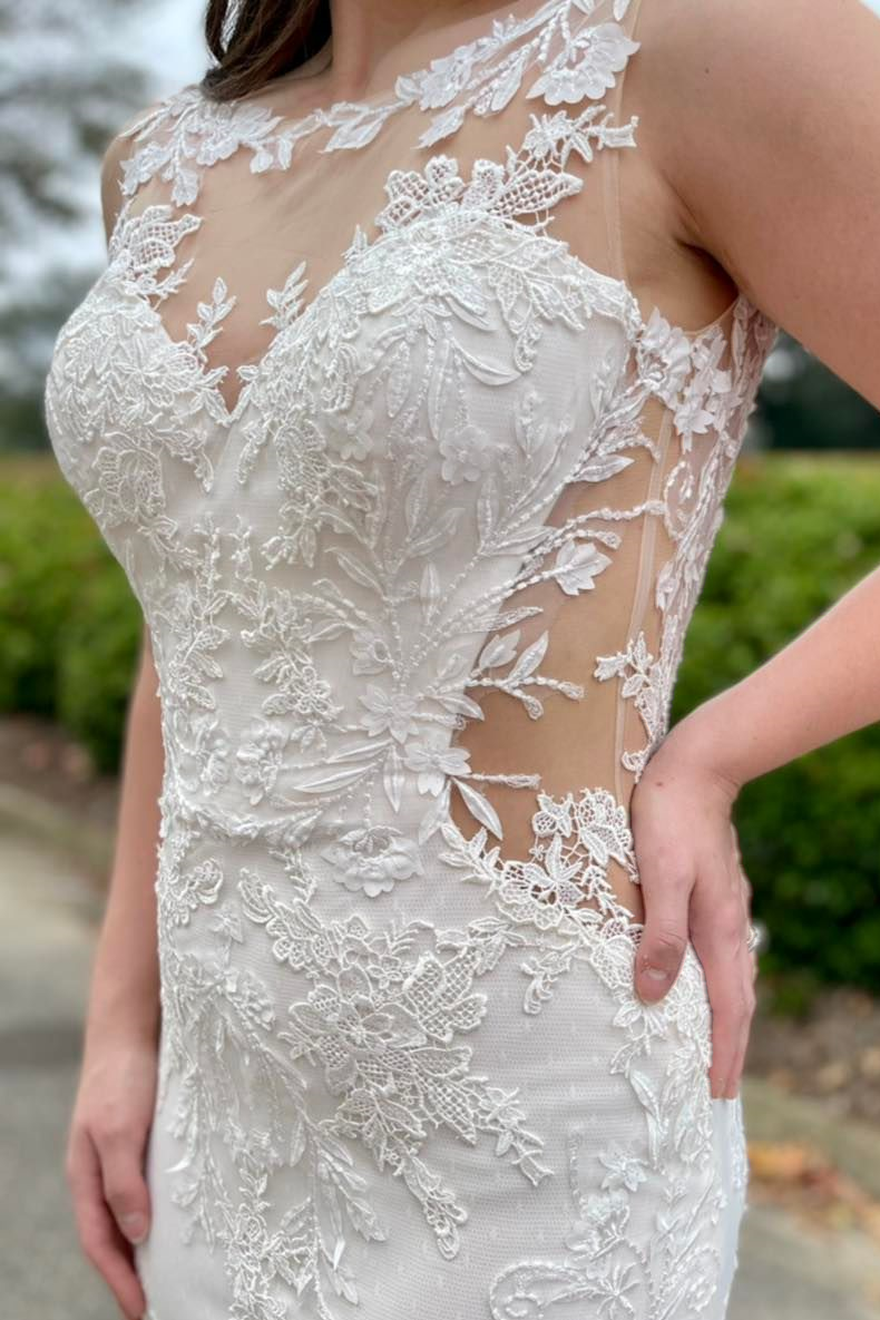 White Mermaid Appliques Illusion Neck Long Wedding Dress