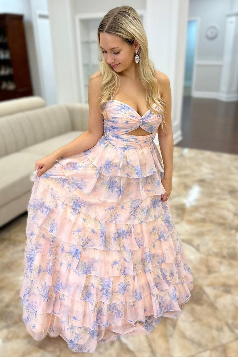 Floral Print Cutout Tiered A-Line Long Dress with Ruffles