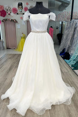 White Beaded Off-the-Shoulder A-Line Long Prom Dress