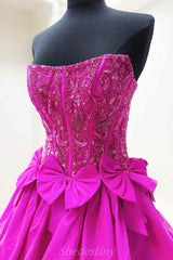 Fuchsia A-Line Strapless Sequin Trered Corset Prom Dress with Bowknot