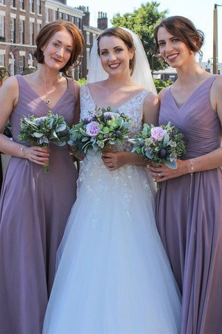 Purple Chiffon Surplice A-Line Long Bridesmaid Dress