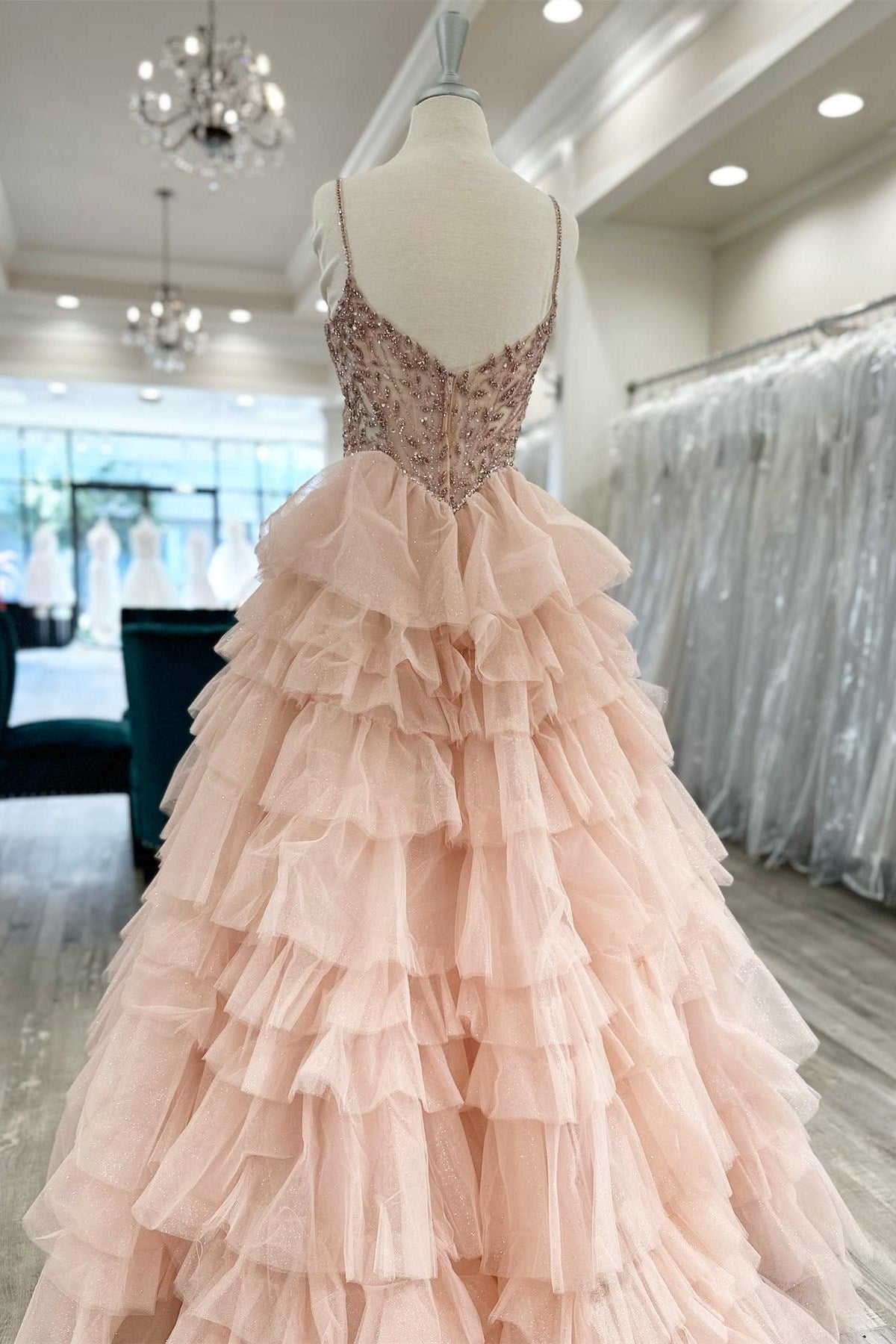 Blush Beaded Sweetheart Ruffle Tiered Long Prom Gown