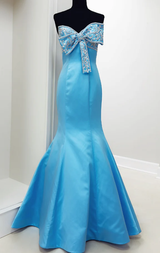 Bow Beading Mermaid Strapless Blue Taffeta Prom Dress