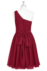 Red One Shoulder Pleated Chiffon Mini Bridesmaid Dress