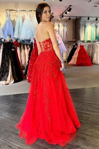 Red Appliques Sweetheart Lace-Up A-Line Long Formal Dress