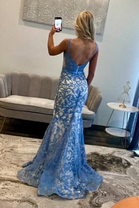 Lace Blue Mermaid Long Formal Evening Dresses with Straps