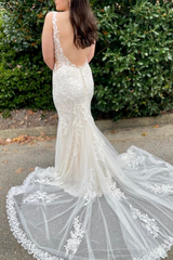 White Mermaid Appliques Illusion Neck Long Wedding Dress