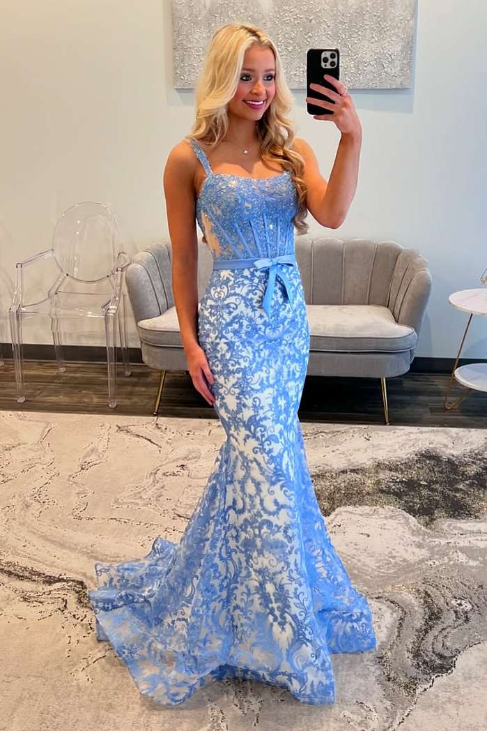 Lace Blue Mermaid Long Formal Evening Dresses with Straps