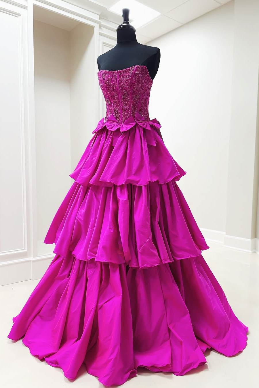 Sequin Trered Fuchsia A-Line Strapless Corset Prom Dress with Bowknot