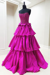 Sequin Trered Fuchsia A-Line Strapless Corset Prom Dress with Bowknot