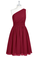 Red One Shoulder Pleated Chiffon Mini Bridesmaid Dress