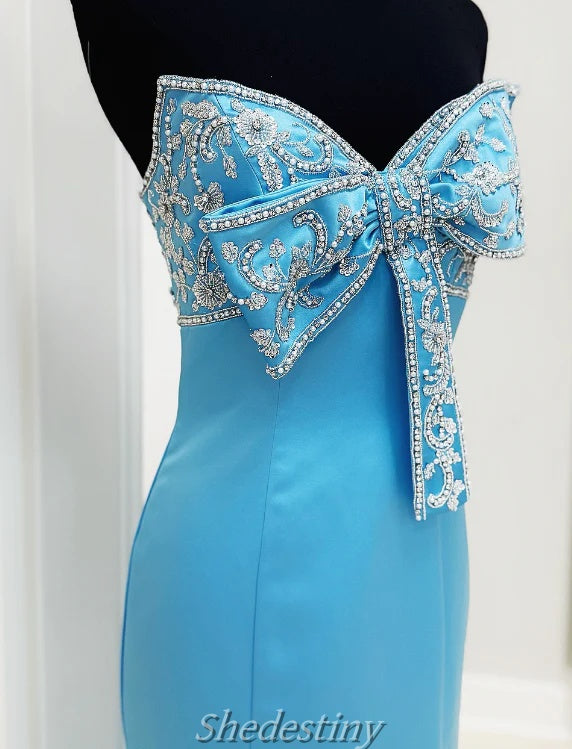 Bow Beading Mermaid Strapless Blue Taffeta Prom Dress