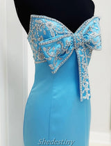 Bow Beading Mermaid Strapless Blue Taffeta Prom Dress