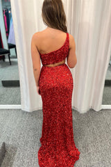 Sequin One-Shoulder Cutout Long Prom Dress with Slit