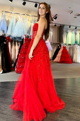 Red Appliques Sweetheart Lace-Up A-Line Long Formal Dress