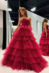 Tulle Prom Dress For Women A-Line Tiered Red Strapless