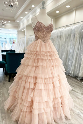 Blush Beaded Sweetheart Ruffle Tiered Long Prom Gown