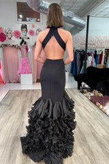 Black Halter Keyhole Ruffles Trumpet Long Formal Gown