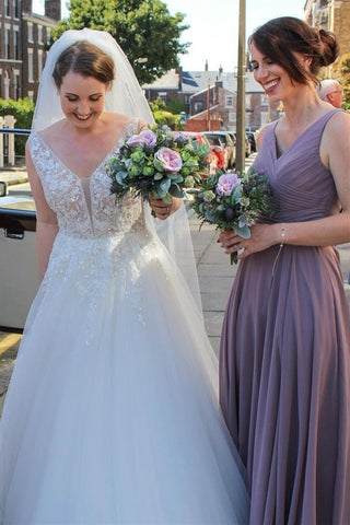 Purple Chiffon Surplice A-Line Long Bridesmaid Dress
