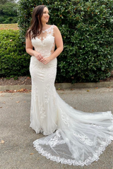 White Mermaid Appliques Illusion Neck Long Wedding Dress