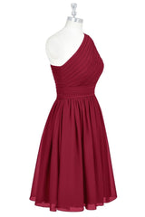 Red One Shoulder Pleated Chiffon Mini Bridesmaid Dress