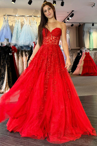Red Appliques Sweetheart Lace-Up A-Line Long Formal Dress