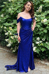 Royal Blue Sequin Off-the-Shoulder Mermaid Long Prom Dress with Slit