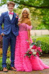 Light Blue Beaded Feather Off-the-Shoulder Tiered Long Prom Dress