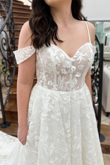 White Off-the-Shoulder Straps Embroidery Long Wedding Dress