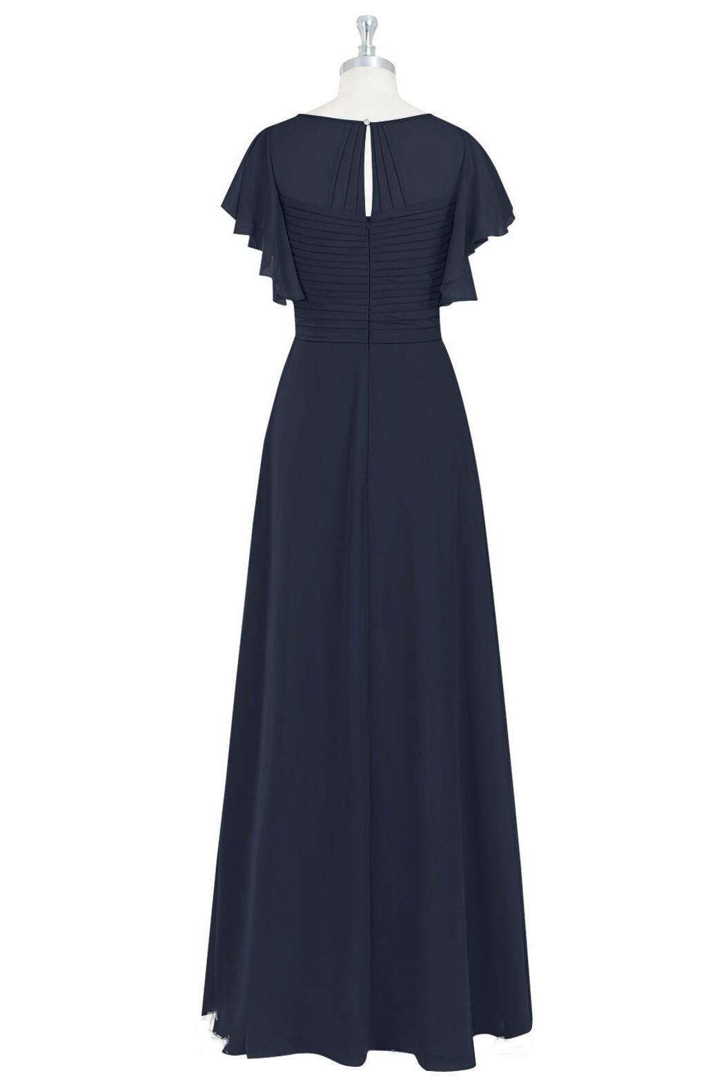 Dark Navy Twist Knot Butterfly Sleeves Chiffon Long Bridesmaid Dress