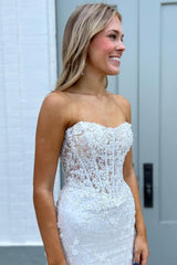 Strapless White Lace Trumpet Long Bridal Gown