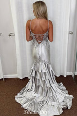 Spaghetti Straps Mermaid Tiered Ruffles Prom Dress with Sequins