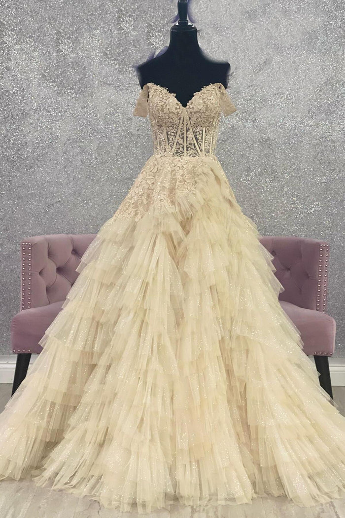 Tulle Champagne Off the Shoulder Tiered Ruffle Slit Prom Dres