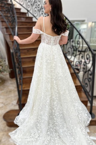 White Off-the-Shoulder Straps Embroidery Long Wedding Dress