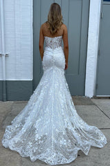 Strapless White Lace Trumpet Long Bridal Gown