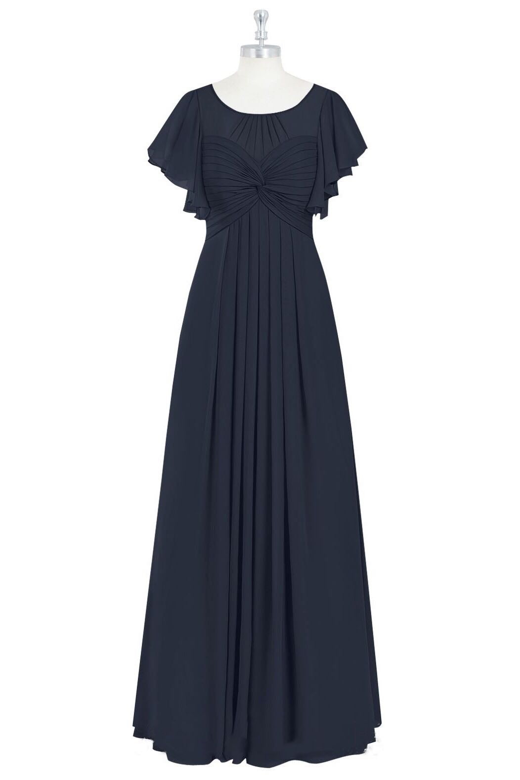 Dark Navy Twist Knot Butterfly Sleeves Chiffon Long Bridesmaid Dress