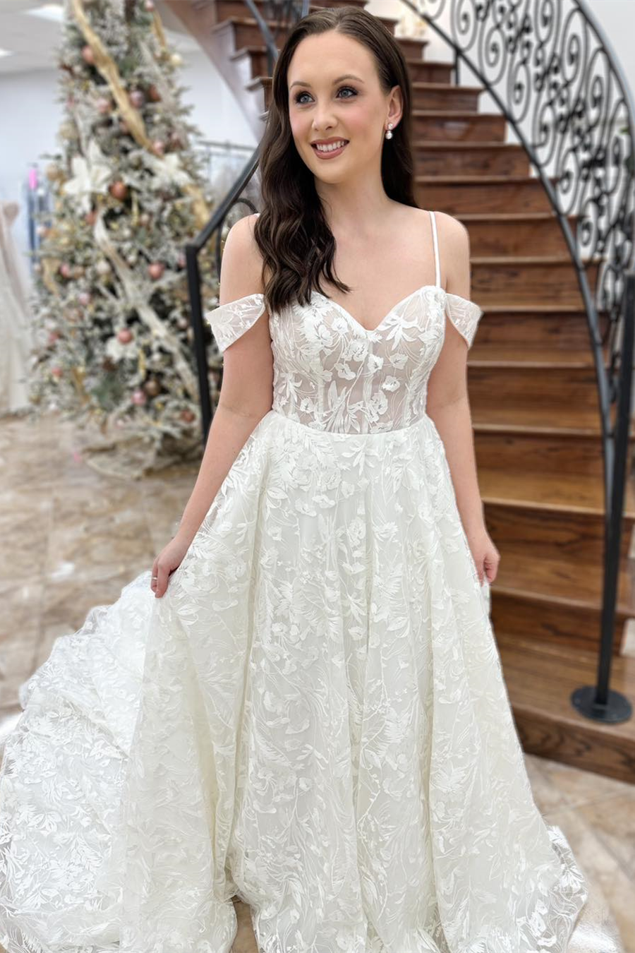 White Off-the-Shoulder Straps Embroidery Long Wedding Dress