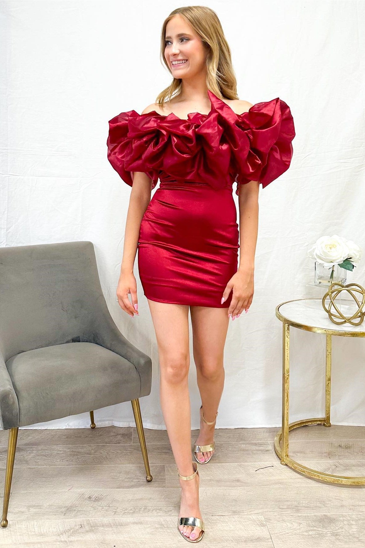 Wine Red Ruffle Off-the-Shoulder Short Party Dress