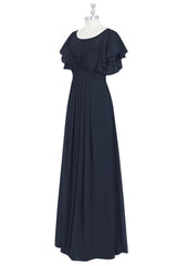 Dark Navy Twist Knot Butterfly Sleeves Chiffon Long Bridesmaid Dress