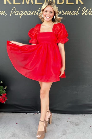 Red Square Neck Short Dress with Puff Sleeves